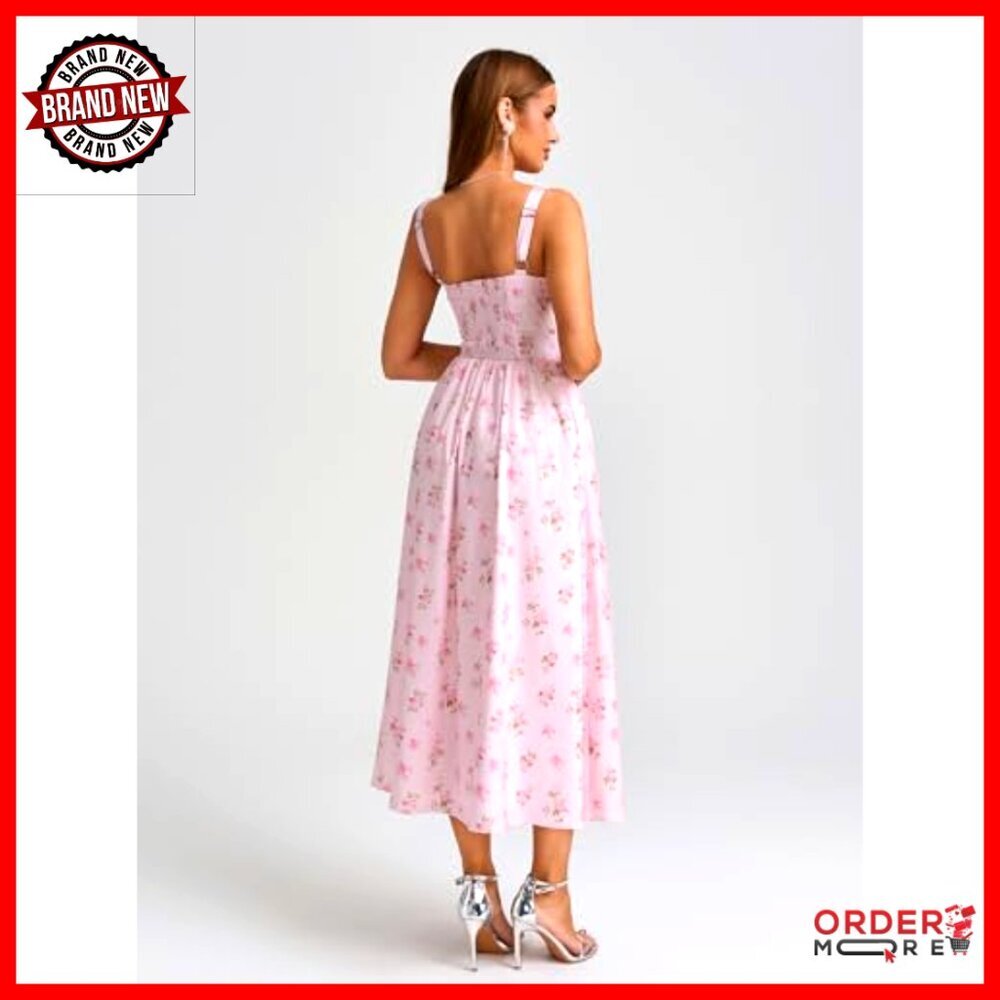 Floral Corset Midi Dress Boho Chic Wedding Guest Summer Dress with Pockets - Picture 3 of 6